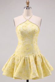 Yellow Floral Jacquard Halter Short Cocktail Dress with Pearls