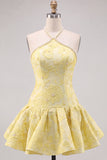 Butter Yellow Floral Jacquard Halter Short Homecoming Dress with Pearl Embellishments