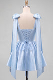 Butter Yellow A-Line Satin Pearl Trim Mini Homecoming Dress with Bow Tie Shoulder Straps