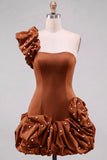 Espresso One Shoulder Ruffled Pearl Short Homecoming Dress with Ruffle Hem