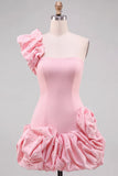 Espresso One Shoulder Ruffled Pearl Short Homecoming Dress with Ruffle Hem