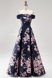 Dark Navy Off the Shoulder Floral Printed A-Line Long Formal Dress