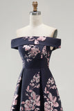 Dark Navy Off the Shoulder Floral Printed A-Line Long Formal Dress