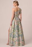 Green Asymmetrical One Shoulder Floral Jacquard A-Line Bow Long Mother of the Bride Dress with Slit