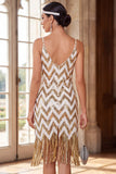 Sparkly White Golden Sequins Bodycon Short 1920 Dress with Fringes