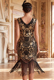 Vintage Black Golden Fringed Floral Sequins Great Gatsby Party Dress with Beading