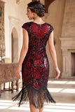 Black Golden Vintage Fringed Cap Sleeves Sequins 1920s Flapper Dress with Beading