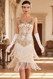 Vintage Black Golden Sequins Sleeveless 1920s Flapper Dress with Fringes