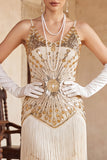 Vintage Black Golden Sequins Sleeveless 1920s Flapper Dress with Fringes