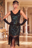 Sparkly Black Golden Sequins Bodycon Scoop Neck 1920s Flapper Dress with Fringes