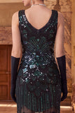 Sparkly Black Golden Sequins Bodycon Scoop Neck 1920s Flapper Dress with Fringes