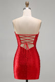 Sparkly Red Cut Out Pearl Bodycon Strapless Short Homecoming Dress with Beading