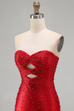 Sparkly Red Cut Out Pearl Bodycon Strapless Short Homecoming Dress with Beading