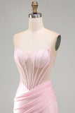 Pink Sheer Corset Ruched Satin Bodycon Short Homecoming Dress with Beading