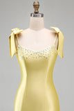 Yellow Satin Tiered Ruffled Hem Pearls Beaded Short Homecoming Dress with Bow Straps