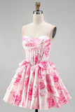 Pink Corset A-Line Tiered Ruffled Floral Printed Short Homecoming Dress