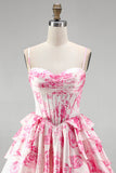 Pink Corset A-Line Tiered Ruffled Floral Printed Short Homecoming Dress