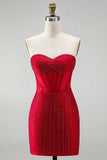 Red Corset Bodycon Strapless Beaded Short Homecoming Dress with Lace up Back