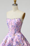 Lilac Corset Floral Jacquard Pearls A-Line Strapless Short Homecoming Dress
