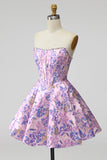 Lilac Corset Floral Jacquard Pearls A-Line Strapless Short Homecoming Dress