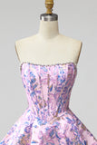 Lilac Corset Floral Jacquard Pearls A-Line Strapless Short Homecoming Dress