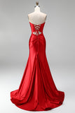 Strapless Mermaid Ruched Sweep Train Satin Red Prom Dress with Slit