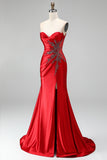Strapless Mermaid Ruched Sweep Train Satin Red Prom Dress with Slit