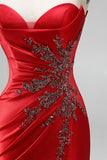 Strapless Mermaid Ruched Sweep Train Satin Red Prom Dress with Slit
