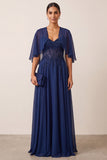 Sparkly Navy Corset A-Line Sequins Beaded Long Mother Of the Bride Dress with Cape