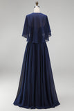 Navy Corset Chiffon A-Line Spaghetti Straps Long Mother Of the Bride Dress with Cape
