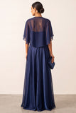Sparkly Navy Corset A-Line Sequins Beaded Long Mother Of the Bride Dress with Cape
