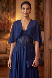 Sparkly Navy Corset A-Line Sequins Beaded Long Mother Of the Bride Dress with Cape