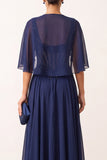 Sparkly Navy Corset A-Line Sequins Beaded Long Mother Of the Bride Dress with Cape