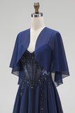 Navy Corset Chiffon A-Line Spaghetti Straps Long Mother Of the Bride Dress with Cape
