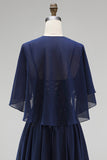Navy Corset Chiffon A-Line Spaghetti Straps Long Mother Of the Bride Dress with Cape