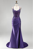Glitter Mermaid Sequins Corset Ruched Satin Long Purple Prom Dress with Slit