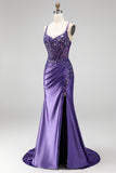 Glitter Mermaid Sequins Corset Ruched Satin Long Purple Prom Dress with Slit