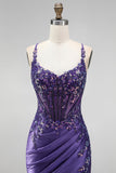 Glitter Mermaid Sequins Corset Ruched Satin Long Purple Prom Dress with Slit
