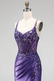 Glitter Mermaid Sequins Corset Ruched Satin Long Purple Prom Dress with Slit