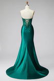 Glitter Dark Green Mermaid Corset Sequins Satin Strapless Long Prom Dress with Beading