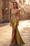 Sparkly Golden Mermaid Corset Satin Ruched Spaghetti Straps Long Prom Dress with Slit