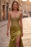 Sparkly Golden Mermaid Corset Satin Ruched Spaghetti Straps Long Prom Dress with Slit