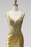 Golden Mermaid Corset Satin Rhinestone Ruched Spaghetti Straps Long Prom Dress with Slit