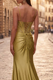 Sparkly Golden Mermaid Corset Satin Ruched Spaghetti Straps Long Prom Dress with Slit