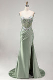 Light Green 3D Floral Appliques Corset Sheer Ruched Satin Rhinestone Long Prom Dress with Slit