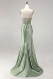 Light Green 3D Floral Appliques Corset Sheer Ruched Satin Rhinestone Long Prom Dress with Slit