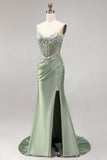 Light Green 3D Floral Appliques Corset Sheer Ruched Satin Rhinestone Long Prom Dress with Slit