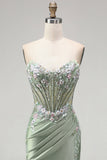 Light Green 3D Floral Appliques Corset Sheer Ruched Satin Rhinestone Long Prom Dress with Slit