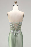 Light Green 3D Floral Appliques Corset Sheer Ruched Satin Rhinestone Long Prom Dress with Slit