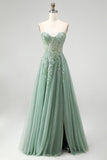 Glitter Dusty Sage Corset Floral Appliques Tulle Strapless Sequins Long Prom Dress with Slit